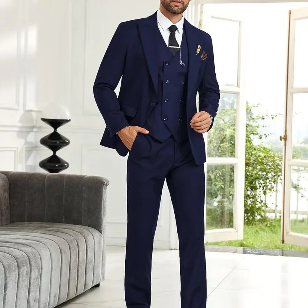 Mens Suit Slim Fit 3 Piece Double Breasted Suit Men Formal Tuxedo Set Casual Wed - Picture 2 of 6
